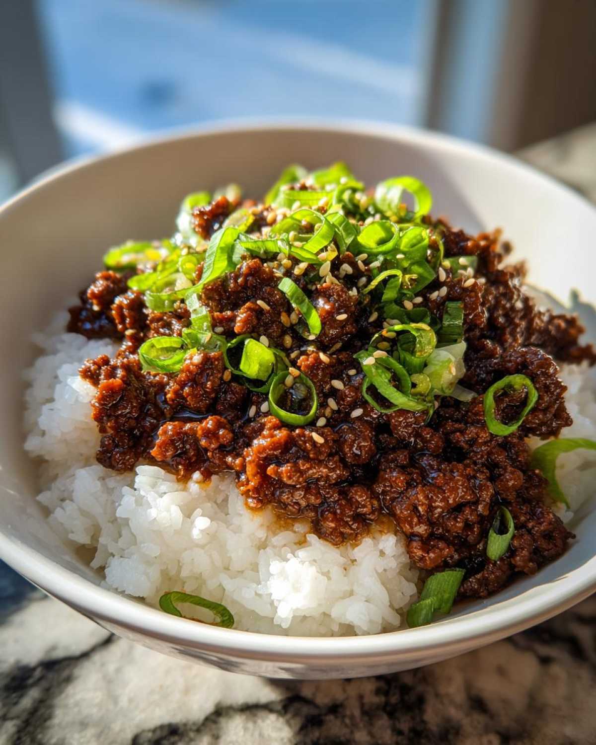 Close-up of Instant Pot Korean Beef and Rice Bowls topped with green onions and sesame seeds.