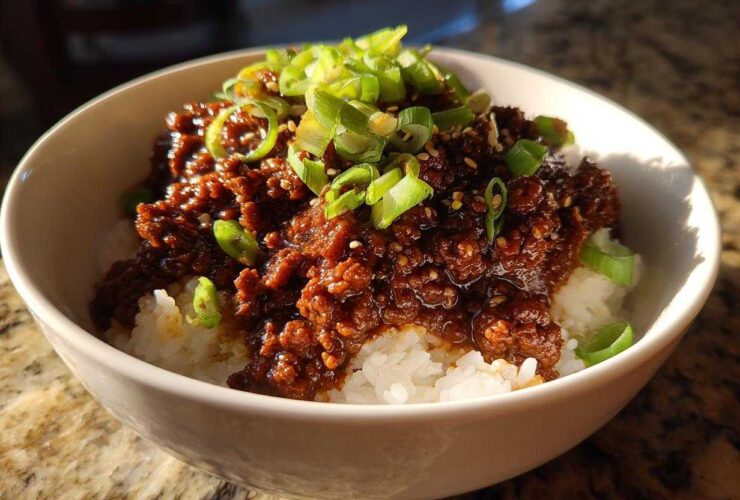 A close-up of a white bowl filled with white rice topped with saucy Instant Pot Korean Beef and garnished with sliced green onions.