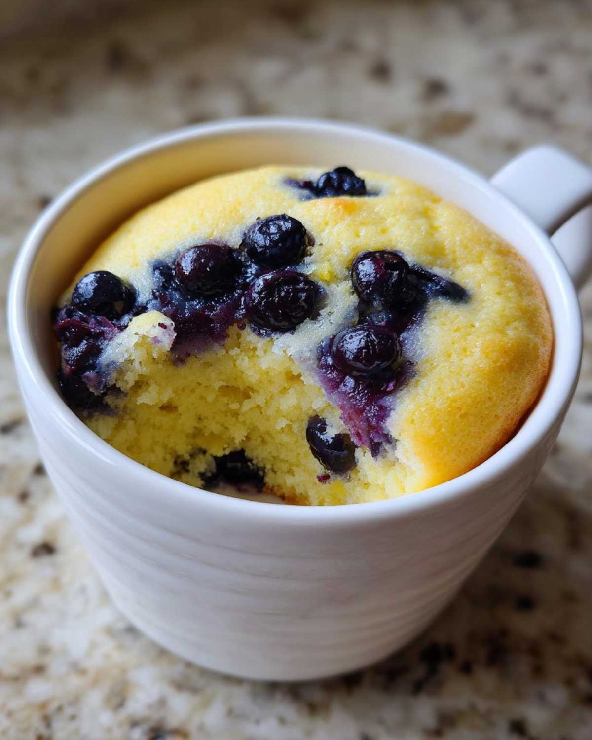 A close-up view of a freshly baked Keto Blueberry Lemon Mug Cake, showing a bite taken out, revealing the moist yellow cake and juicy blueberries.
