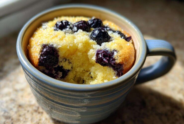 A close-up view of a fluffy Keto Blueberry Lemon Mug Cake baked in a blue ceramic mug, topped with dark blueberries.