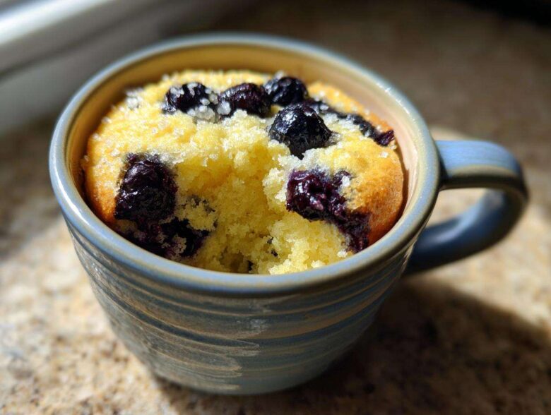 A close-up view of a fluffy Keto Blueberry Lemon Mug Cake baked in a blue ceramic mug, topped with dark blueberries.