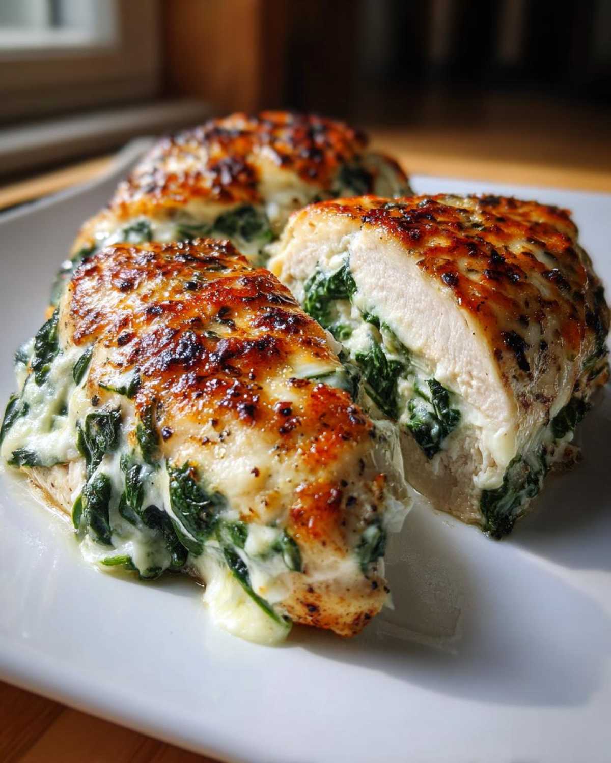 Three pieces of Keto Cheesy Spinach Stuffed Chicken on a white plate, one cut open showing the creamy filling.