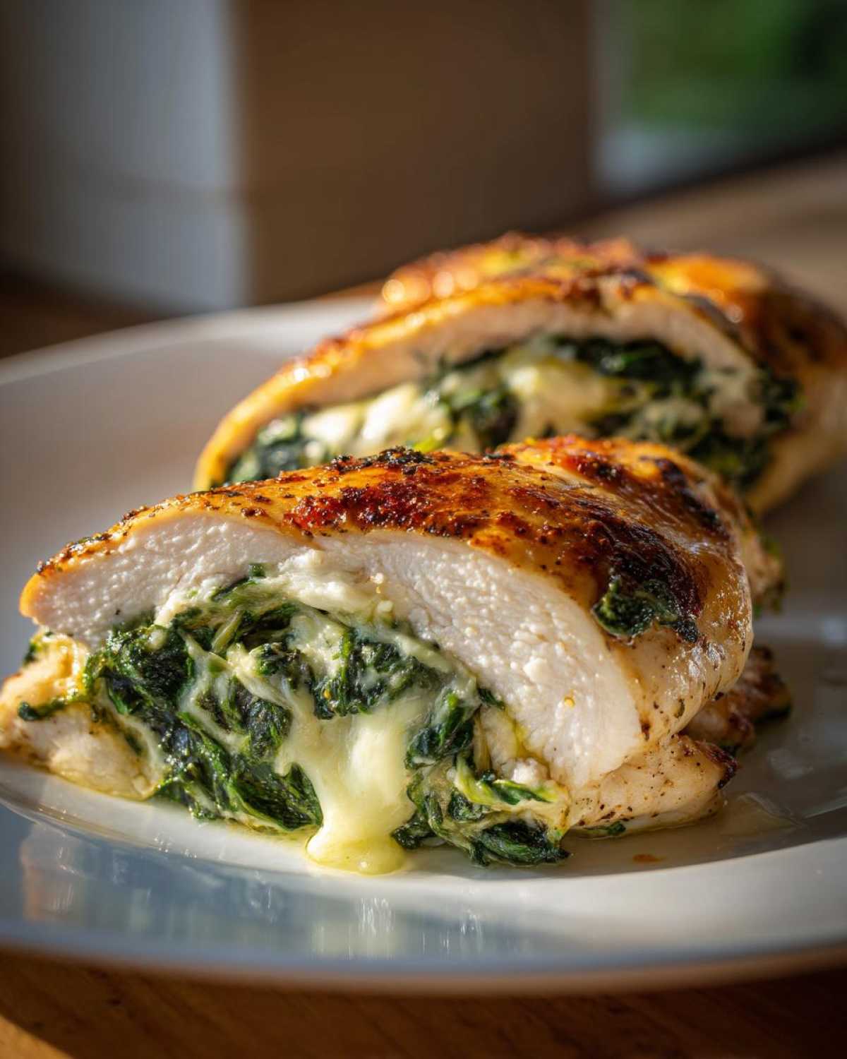 Close-up of Keto Cheesy Spinach Stuffed Chicken cut in half, showing melted cheese oozing out with spinach filling.
