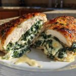 A cross-section view of Keto Cheesy Spinach Stuffed Chicken, showing melted cheese and spinach filling spilling out.
