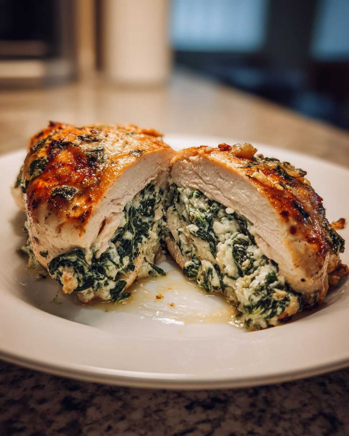 A perfectly cooked Keto Cheesy Spinach Stuffed Chicken breast cut in half, revealing the creamy spinach and cheese filling.
