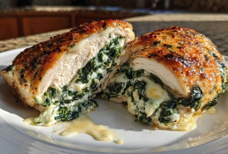 A cross-section view of Keto Cheesy Spinach Stuffed Chicken, showing melted cheese and spinach filling spilling out.