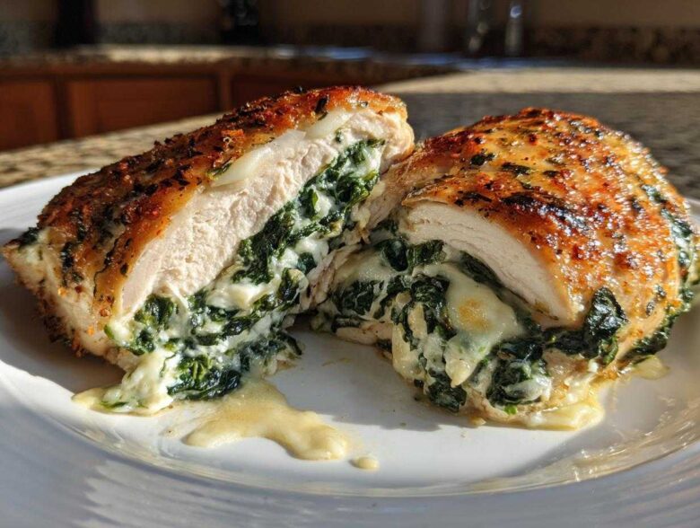 A cross-section view of Keto Cheesy Spinach Stuffed Chicken, showing melted cheese and spinach filling spilling out.
