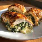 Cross-section view of three pieces of Keto Cheesy Spinach Stuffed Chicken showing melted cheese oozing out with spinach filling.