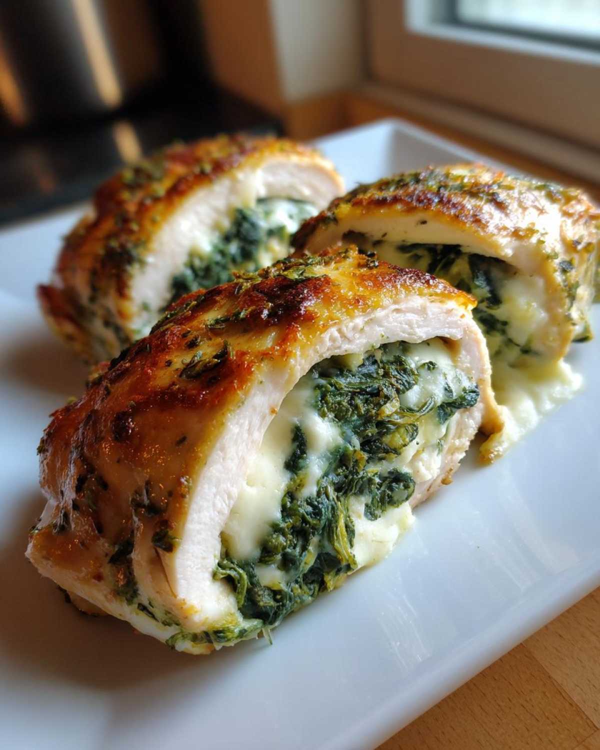 Three slices of Keto Cheesy Spinach Stuffed Chicken showing melted cheese and spinach filling.