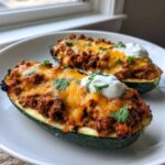 Two Keto Cheesy Taco Stuffed Zucchini Boats topped with melted cheddar, sour cream, and cilantro on a white plate.