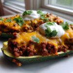 Two Keto Cheesy Taco Stuffed Zucchini Boats topped with melted cheddar, sour cream, and cilantro.