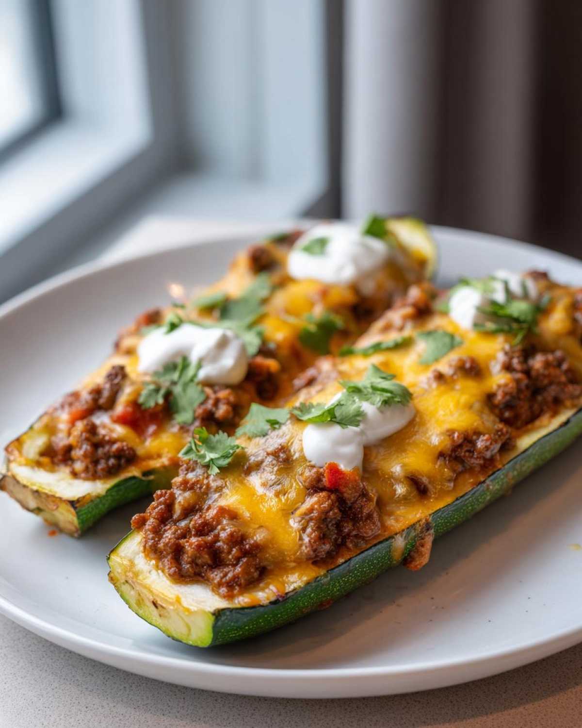 Two halves of Keto Cheesy Taco Stuffed Zucchini Boats topped with melted cheese, taco meat, sour cream, and cilantro.