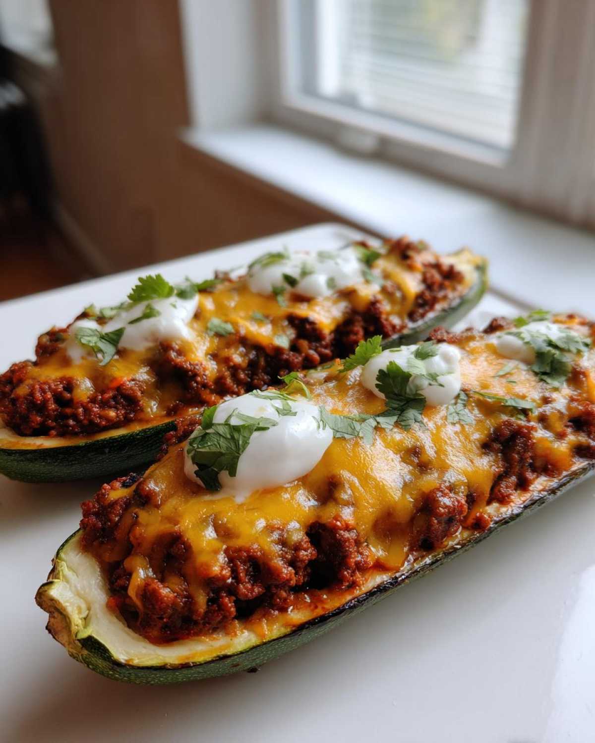 Two Keto Cheesy Taco Stuffed Zucchini Boats topped with melted cheddar, sour cream, and cilantro.