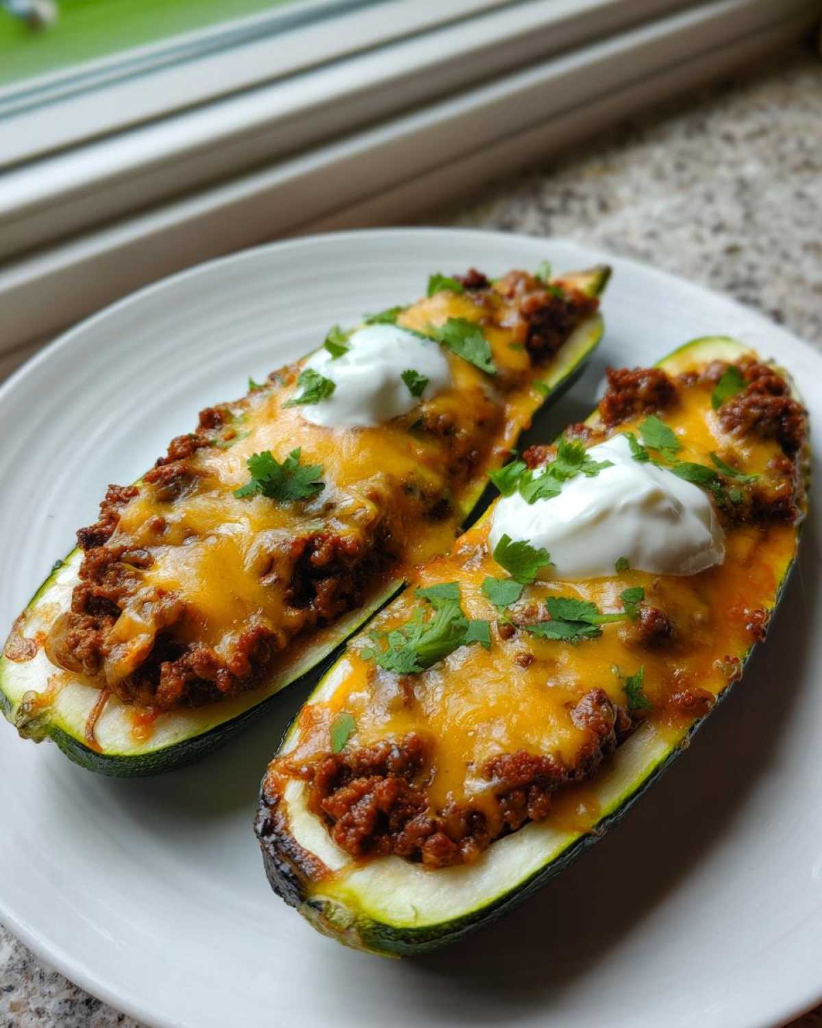 Two halves of Keto Cheesy Taco Stuffed Zucchini Boats, topped with melted cheese, sour cream, and cilantro.