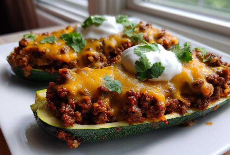 Two Keto Cheesy Taco Stuffed Zucchini Boats topped with melted cheddar, sour cream, and cilantro.