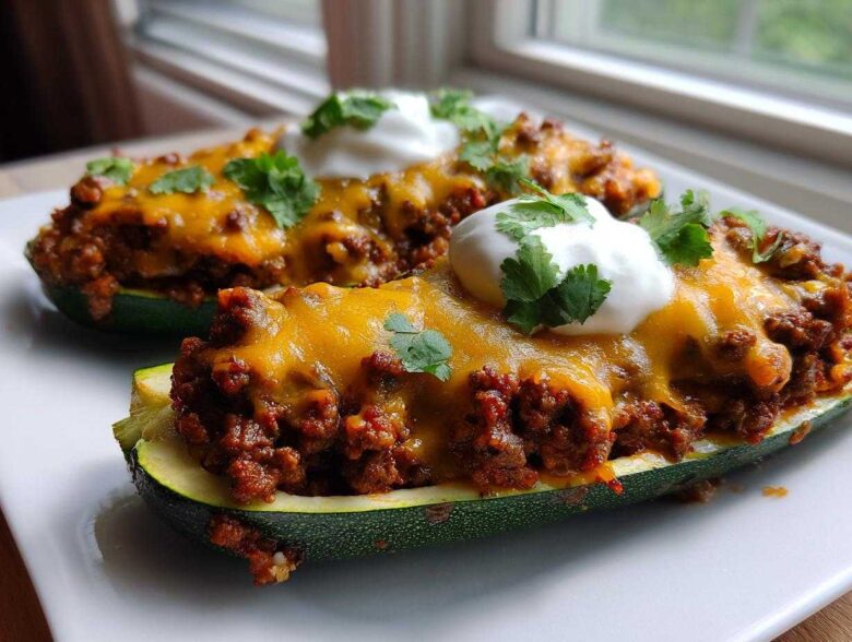 Two Keto Cheesy Taco Stuffed Zucchini Boats topped with melted cheddar, sour cream, and cilantro.