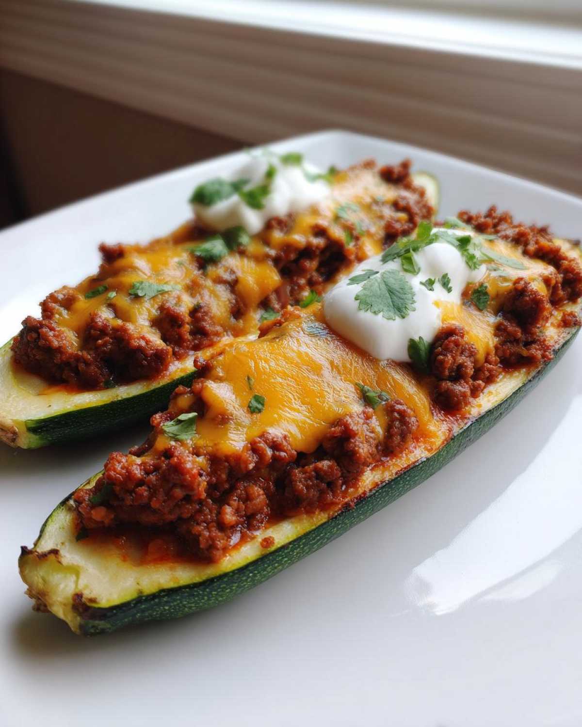 Two halves of Keto Cheesy Taco Stuffed Zucchini Boats filled with seasoned ground meat, melted cheddar cheese, and topped with sour cream and cilantro.