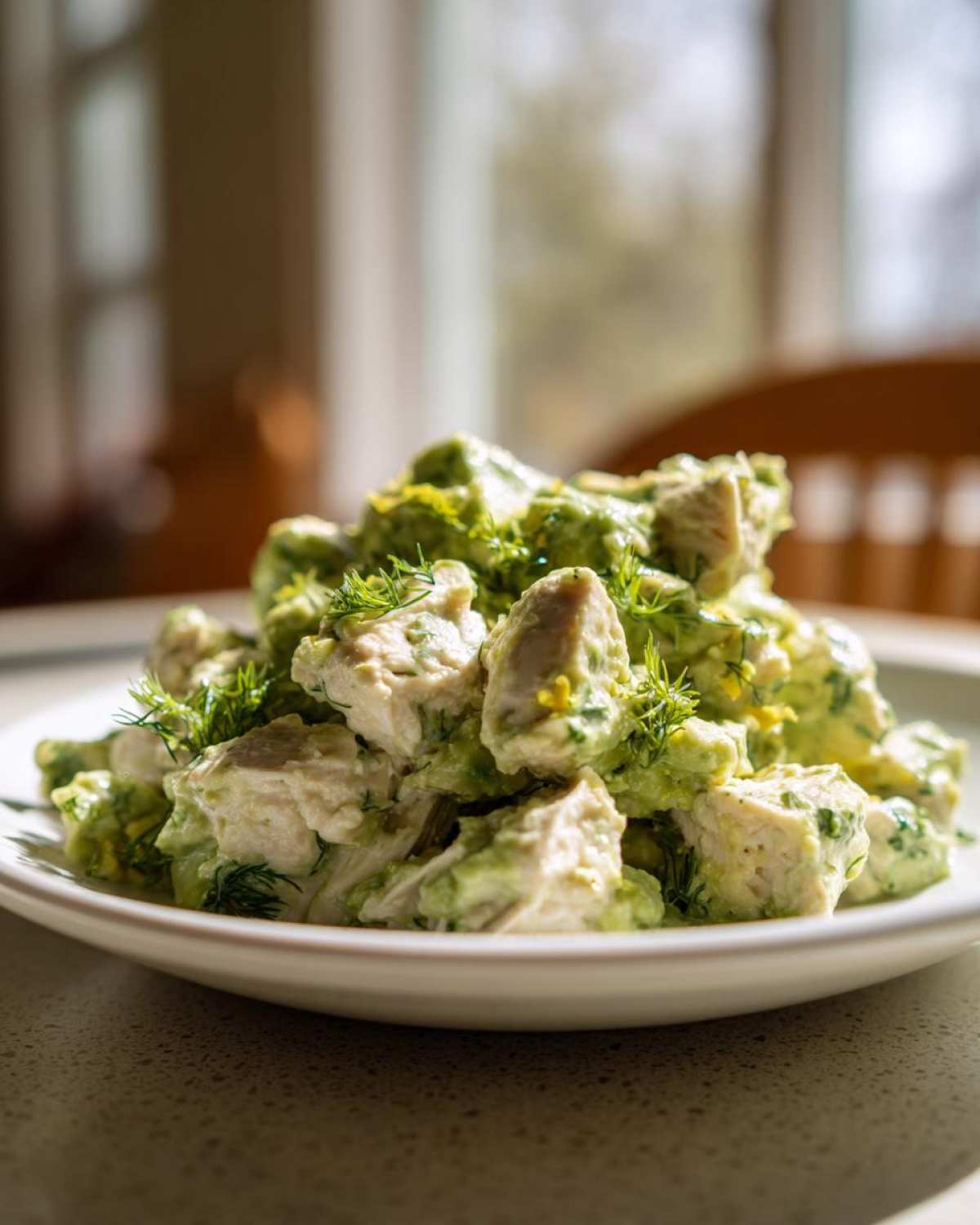 Close-up of chunky pieces of chicken coated in a creamy green avocado dressing, garnished with fresh dill, making up the Keto Creamy Avocado Chicken Salad.