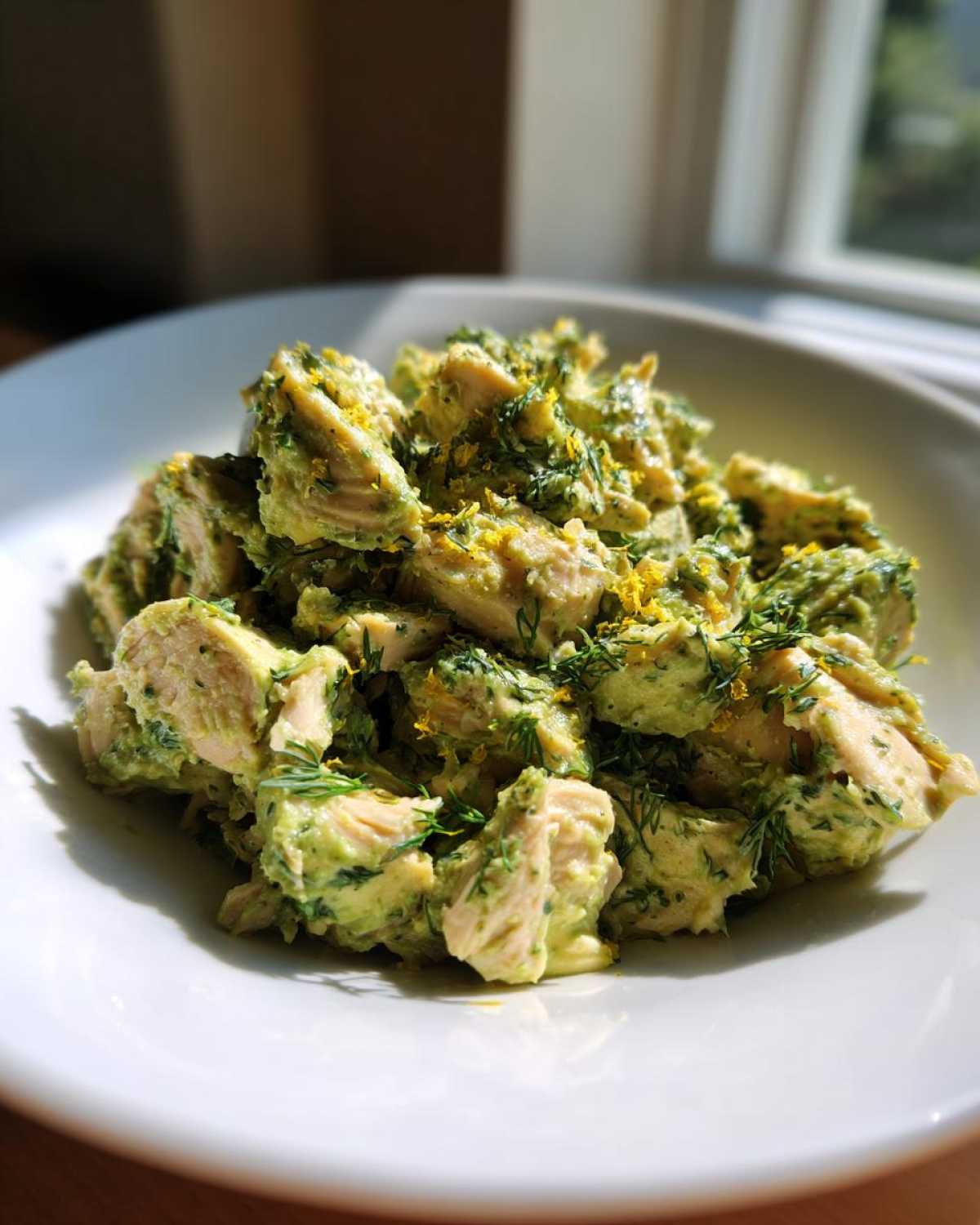 Close-up of Keto Creamy Avocado Chicken Salad chunks coated in green avocado dressing and fresh dill.