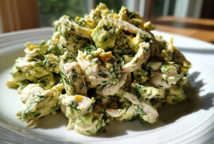 Close-up of Keto Creamy Avocado Chicken Salad piled high on a white plate, featuring shredded chicken and green avocado dressing.
