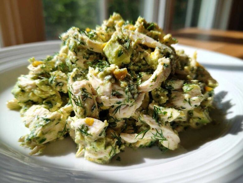 Close-up of Keto Creamy Avocado Chicken Salad piled high on a white plate, featuring shredded chicken and green avocado dressing.