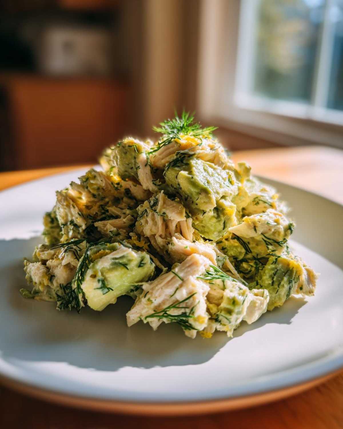 A mound of Keto Creamy Avocado Chicken Salad featuring chunks of chicken and avocado mixed with a creamy dressing and fresh dill on a white plate.