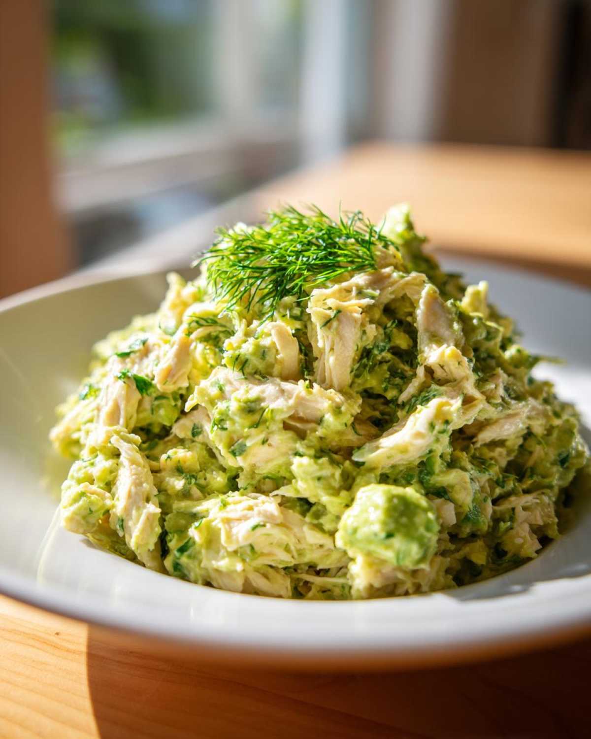 A mound of Keto Creamy Avocado Chicken Salad topped with fresh dill on a white plate.