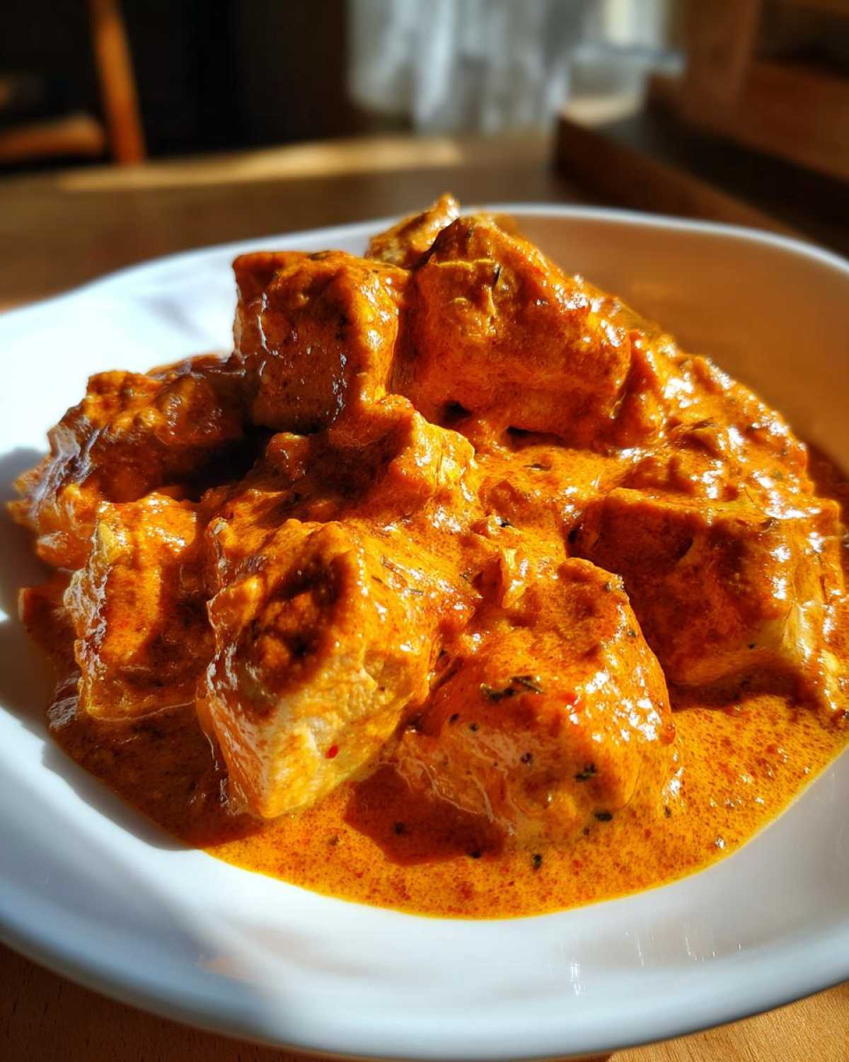 Close-up of tender chicken pieces smothered in rich, orange Keto Creamy Butter Chicken Skillet sauce served in a white bowl.
