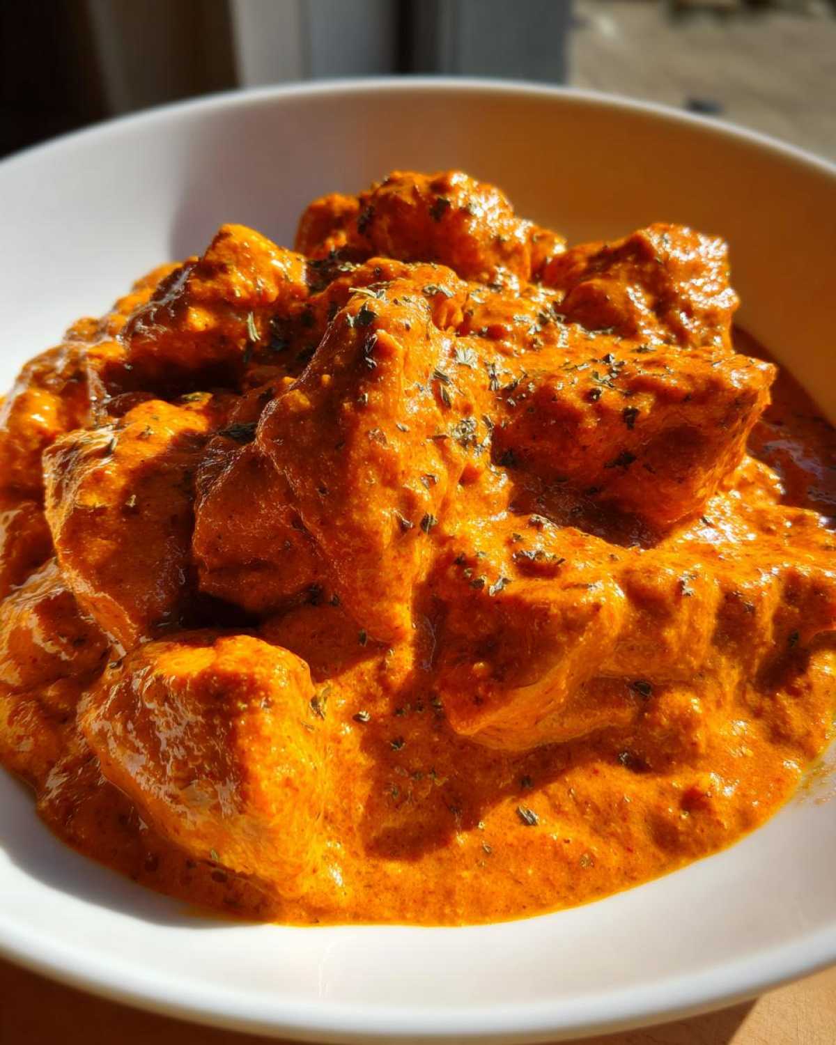 Close-up of tender chicken pieces coated in rich, orange sauce in a white bowl, representing Keto Creamy Butter Chicken Skillet.