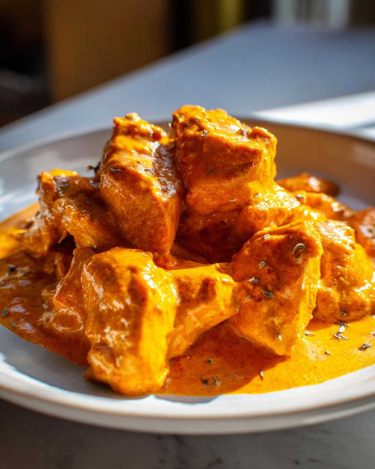 Close-up of tender chicken pieces coated in rich, orange sauce from the Keto Creamy Butter Chicken Skillet, garnished with herbs.
