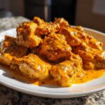 A white plate filled with chunks of chicken coated in rich, orange Keto Creamy Butter Chicken Skillet sauce, garnished with herbs.