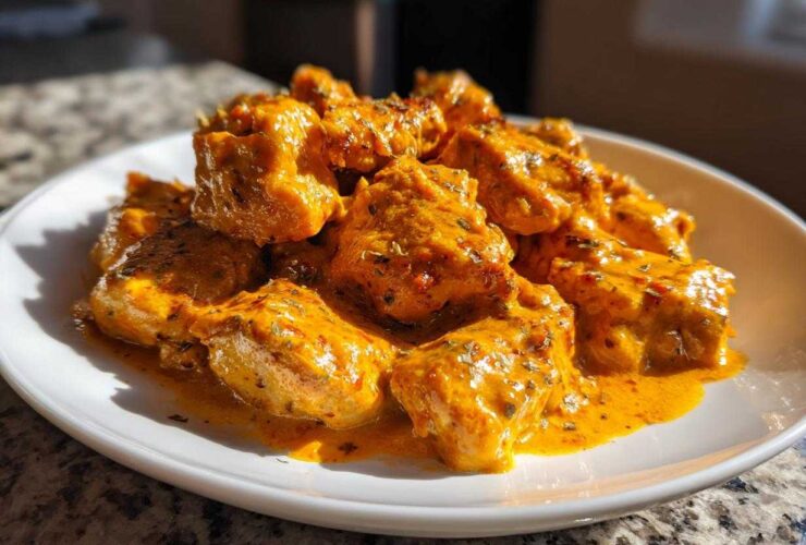 A white plate filled with chunks of chicken coated in rich, orange Keto Creamy Butter Chicken Skillet sauce, garnished with herbs.