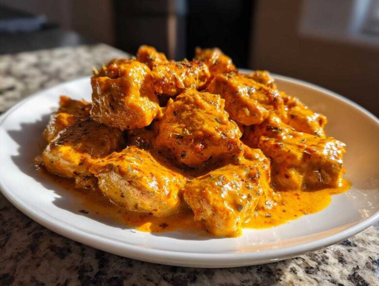 A white plate filled with chunks of chicken coated in rich, orange Keto Creamy Butter Chicken Skillet sauce, garnished with herbs.