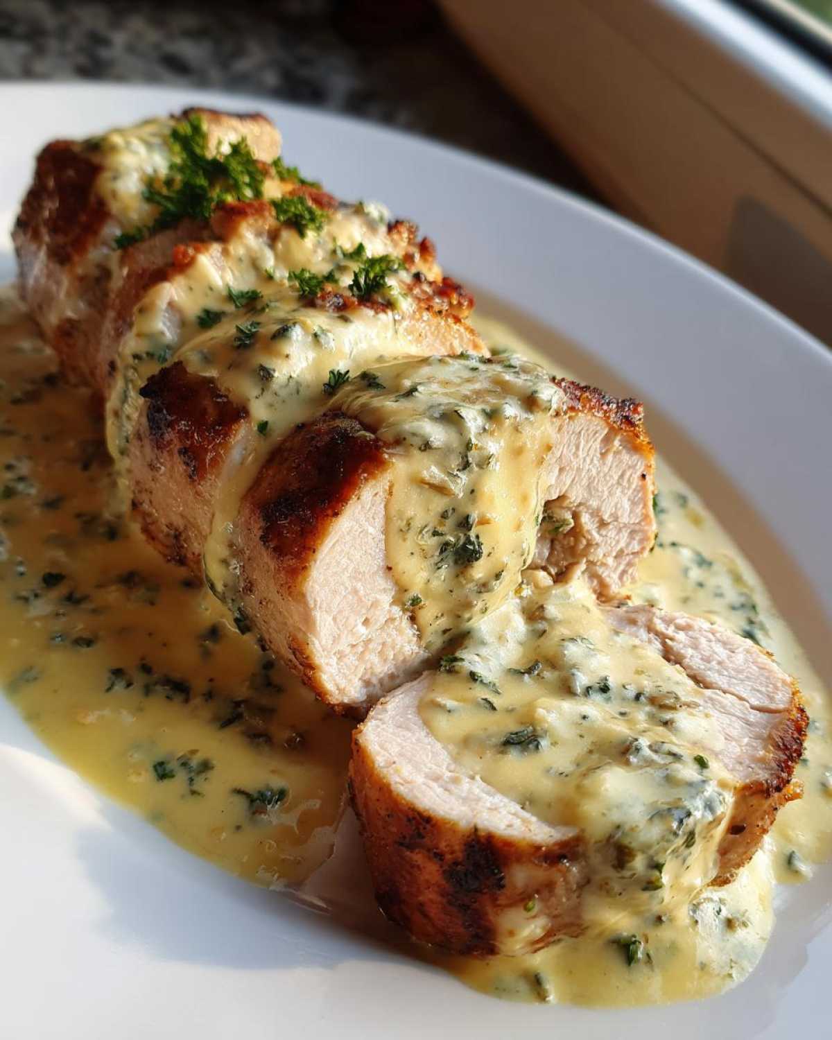 Slices of seared Keto Creamy Garlic Herb Pork Tenderloin generously covered in a rich, herb-flecked cream sauce.