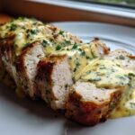 Close-up of sliced Keto Creamy Garlic Herb Pork Tenderloin drizzled with a rich, herb-flecked yellow sauce.
