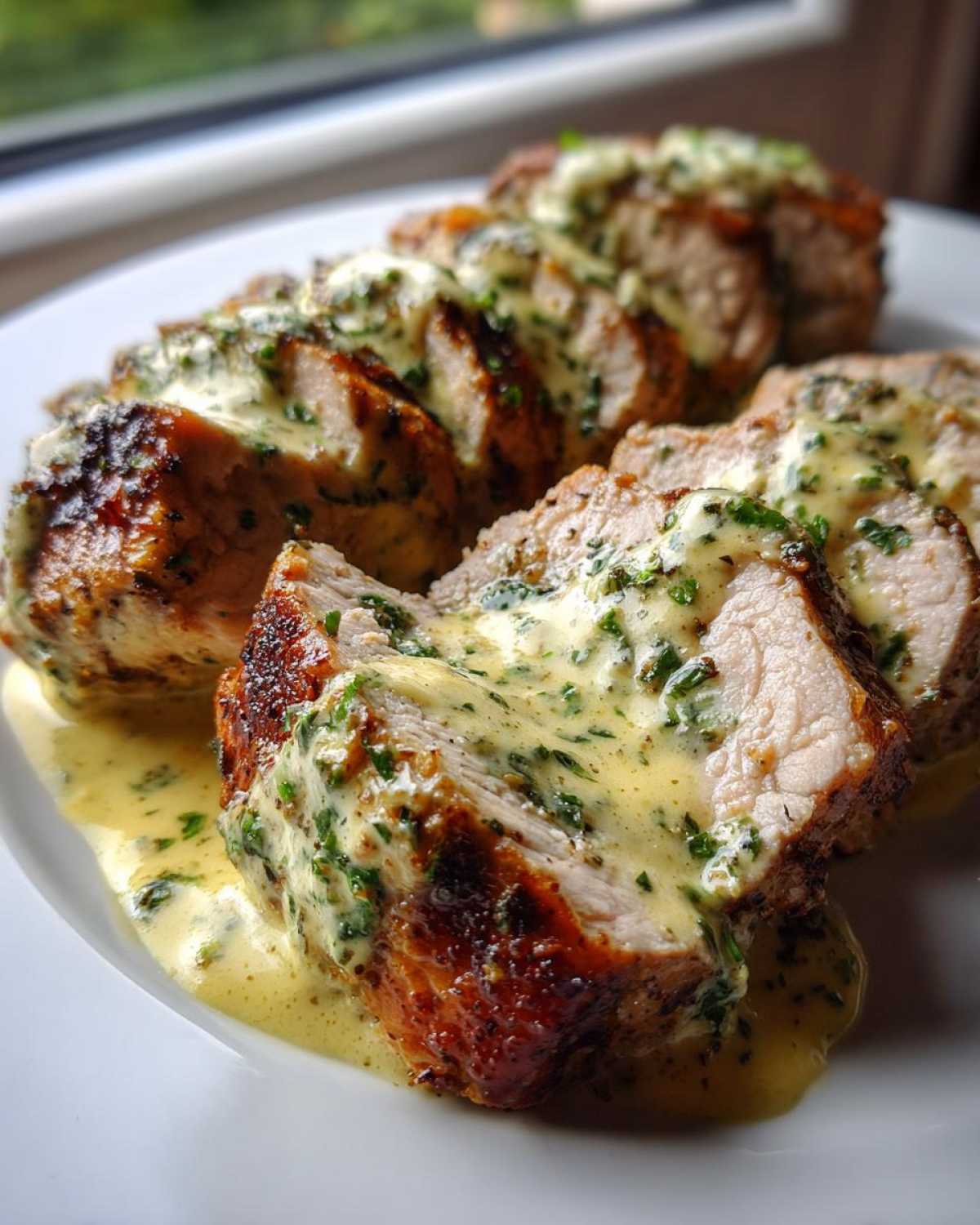 Close-up of sliced Keto Creamy Garlic Herb Pork Tenderloin generously covered in a rich, herb-flecked creamy sauce.