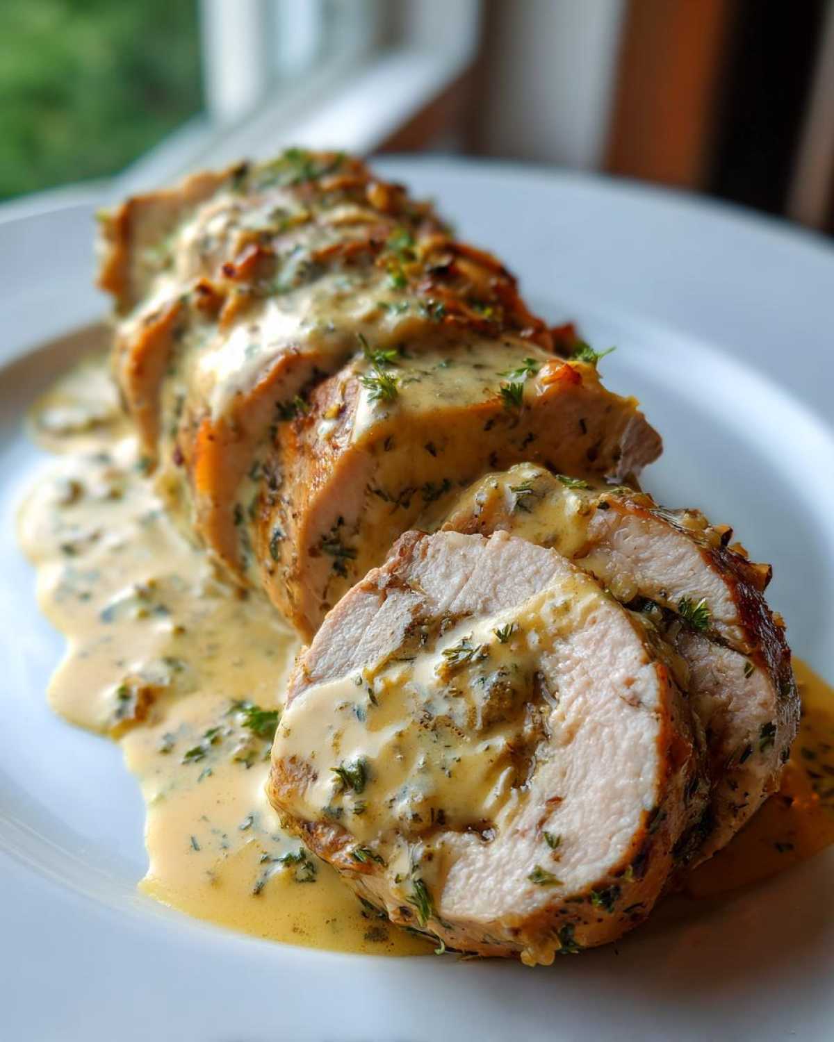 A sliced Keto Creamy Garlic Herb Pork Tenderloin covered in a rich, yellow herb sauce and served on a white plate.