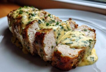 Close-up of sliced Keto Creamy Garlic Herb Pork Tenderloin drizzled with a rich, herb-flecked yellow sauce.