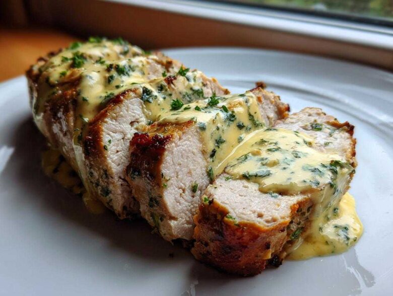 Close-up of sliced Keto Creamy Garlic Herb Pork Tenderloin drizzled with a rich, herb-flecked yellow sauce.