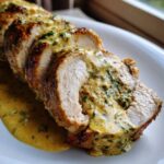 Close-up of sliced Keto Creamy Garlic Herb Pork Tenderloin generously covered in a rich, herb-flecked sauce.
