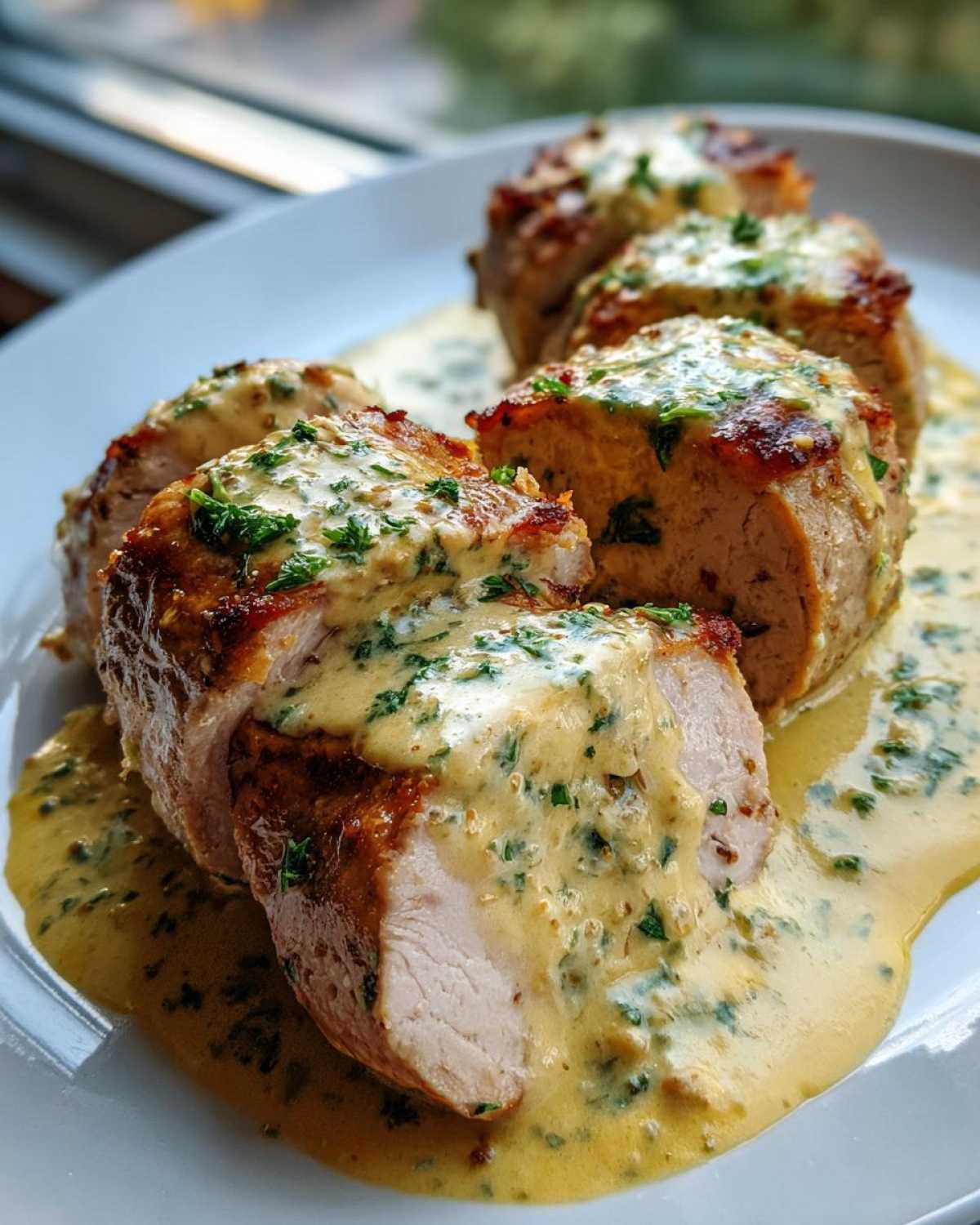 Close-up of sliced Keto Creamy Garlic Herb Pork Tenderloin covered in a rich, yellow herb sauce and served on a white plate.
