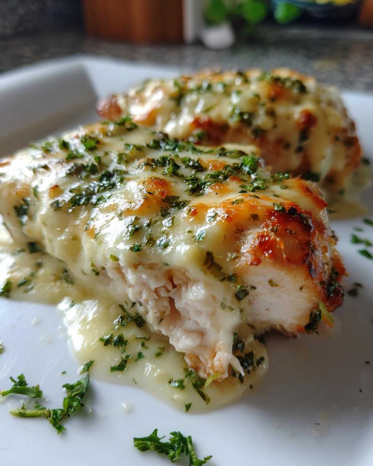 Close-up of a piece of Keto Creamy Garlic Parmesan Chicken Bake, showing tender white meat covered in melted cheese and herbs.