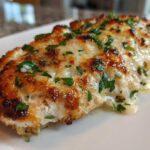 A close-up of a baked chicken breast topped with melted, browned cheese and fresh parsley, showing the creamy texture of the Keto Creamy Garlic Parmesan Chicken Bake.