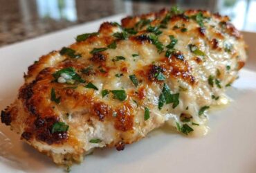 A close-up of a baked chicken breast topped with melted, browned cheese and fresh parsley, showing the creamy texture of the Keto Creamy Garlic Parmesan Chicken Bake.
