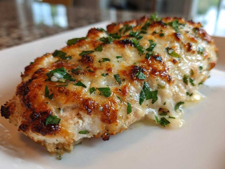 A close-up of a baked chicken breast topped with melted, browned cheese and fresh parsley, showing the creamy texture of the Keto Creamy Garlic Parmesan Chicken Bake.