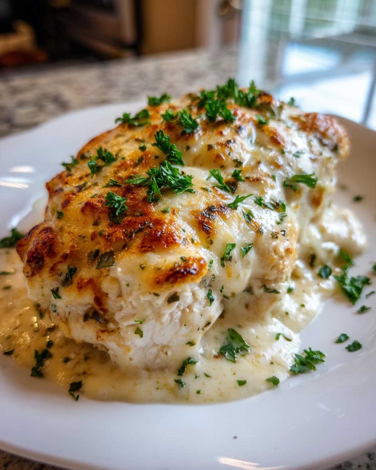 Close-up of a serving of Keto Creamy Garlic Parmesan Chicken Bake covered in melted cheese and parsley.