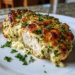 A close-up of a perfectly cooked piece of Keto Creamy Garlic Parmesan Chicken Bake, showing moist white chicken topped with melted, browned cheese and fresh parsley.