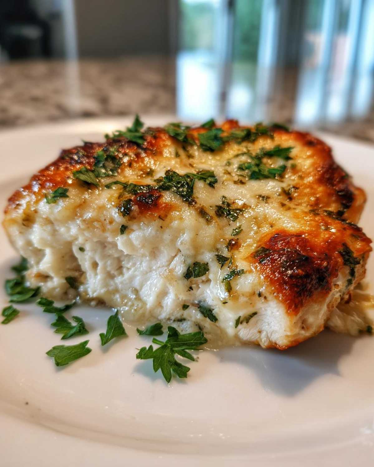 A cross-section view of a tender Keto Creamy Garlic Parmesan Chicken Bake topped with melted, browned cheese and fresh parsley.