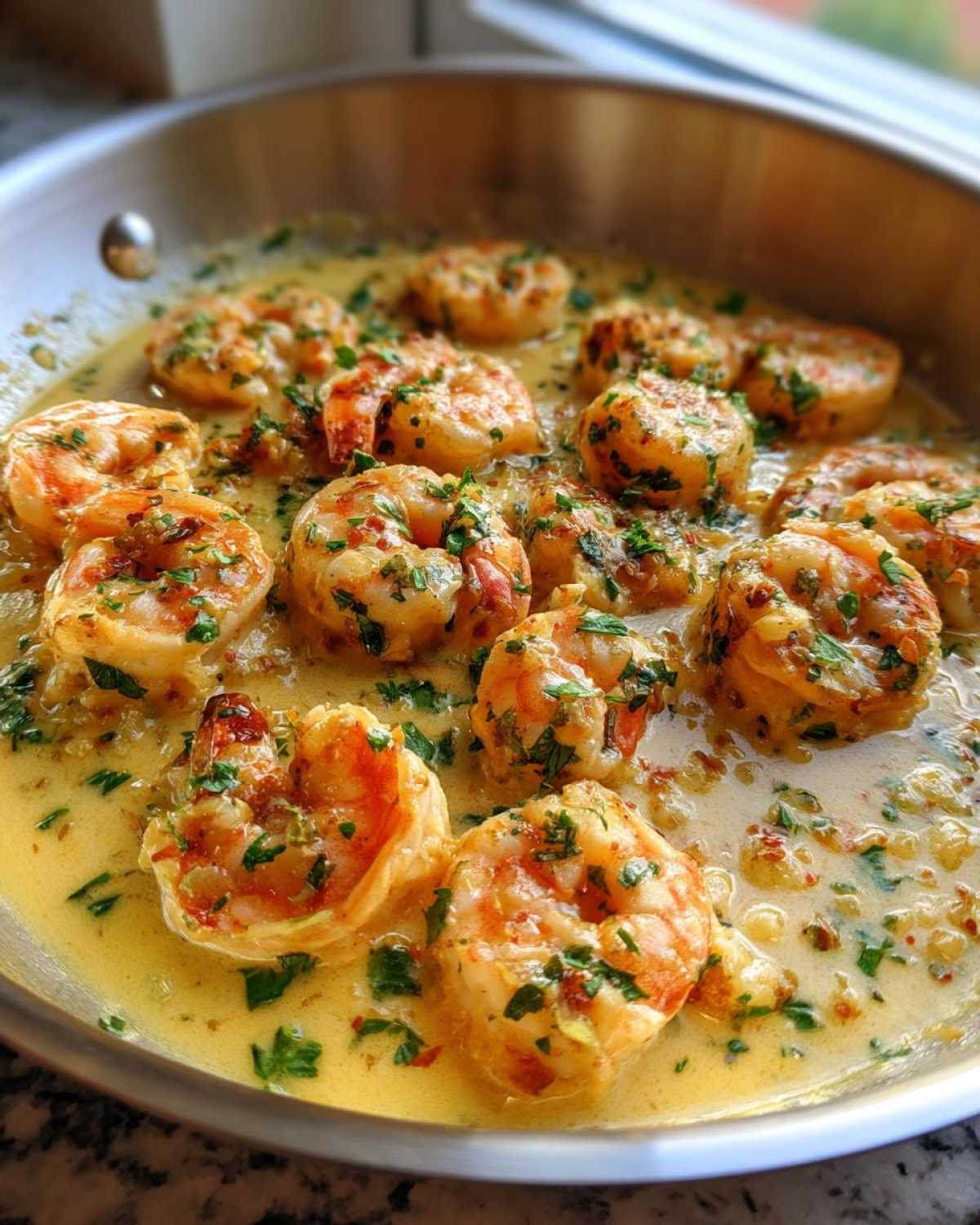 Close-up of plump shrimp swimming in a rich, creamy garlic sauce, garnished with fresh parsley, from the Keto Creamy Garlic Shrimp Skillet.