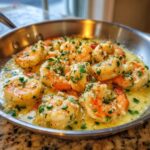 Close-up of succulent shrimp in a rich, creamy garlic sauce, garnished with fresh parsley, served in a Keto Creamy Garlic Shrimp Skillet.